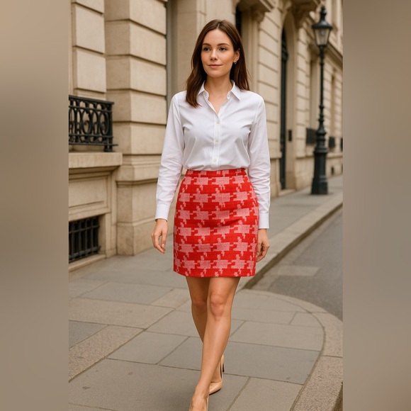 J. Crew Red and Pink Houndstooth Tweed Patterned Pencil Skirt size 0 - Picture 1 of 7